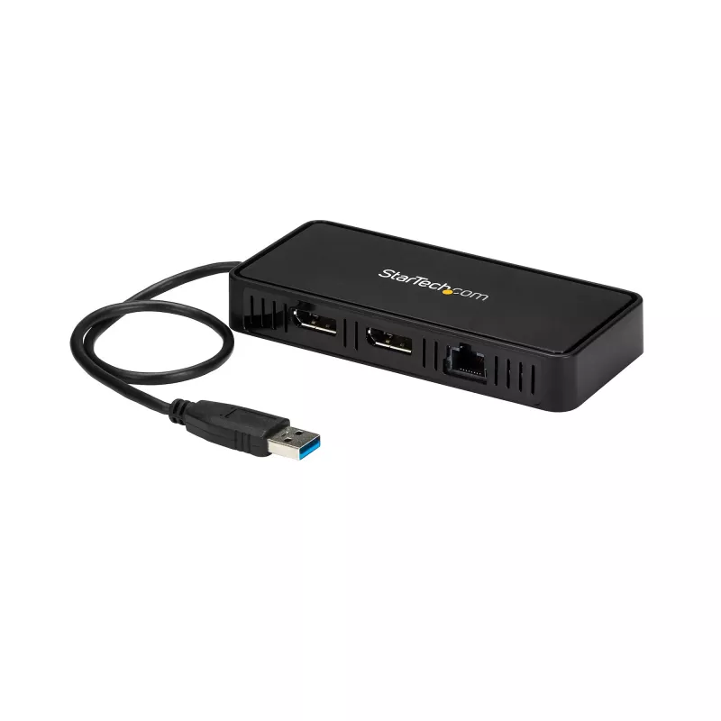 StarTech.com USB 3.0 Mini dokk - Kahe monitoriga USB-A dokkimisjaam DisplayPort 4K 60Hz video ja Gigabit Ethernetiga - 1 jala (30 cm) kaabel - Kaasaskantav USB 3.1 Gen 1 Type-A sülearvuti adapter
