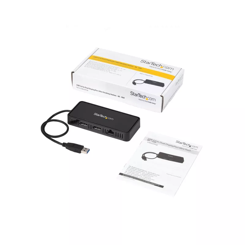 StarTech.com USB 3.0 Mini dokk - Kahe monitoriga USB-A dokkimisjaam DisplayPort 4K 60Hz video ja Gigabit Ethernetiga - 1 jala (30 cm) kaabel - Kaasaskantav USB 3.1 Gen 1 Type-A sülearvuti adapter
