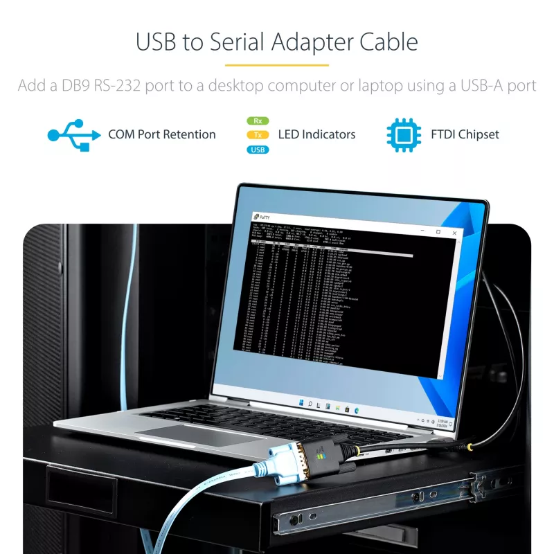 StarTech.com 10 jala (3 m) USB-jadaliidese adapterikaabel, COM-säilitamine, vahetatavad kruvid/mutrid, USB-A - DB9 RS232, FTDI IC, ESD-kaitse, Windows/macOS/Linux