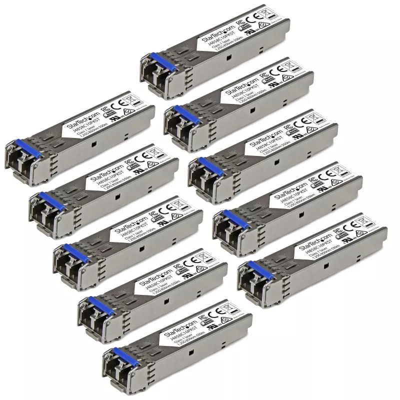 StarTech.com HP J4859C Ühilduv SFP transiiver Module - 1000BASE-LX - 10 Pack~10 pack HPE J4859C Ühilduv SFP Module - 1000BASE-LX - 1GbE Single Mode /Multi Mode Fiber Optic transiiver - 1GE Gigabit Ethernet SFP - LC 10km - 1310nm - DDM HPE 1400, 1700, 1820