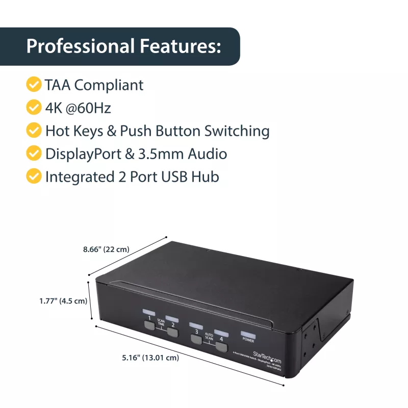 StarTech.com 4-pordiline DisplayPort KVM-lüliti - 4K 60Hz - üks ekraan - kahe pordiga UHD DP 1.2 USB KVM-lüliti integreeritud USB 2.0 jaoturi ja heliga - Dell, HP, Apple, Lenovo - TAA-ga vastavuses