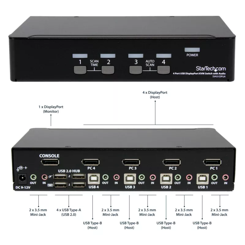 StarTech.com 4-pordiline DisplayPort KVM-lüliti - 4K 60Hz - üks ekraan - kahe pordiga UHD DP 1.2 USB KVM-lüliti integreeritud USB 2.0 jaoturi ja heliga - Dell, HP, Apple, Lenovo - TAA-ga vastavuses