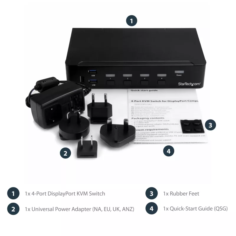 StarTech.com 4-pordiline DisplayPort KVM-lüliti - 4K 60Hz - üks ekraan - kahe pordiga UHD DP 1.2 USB KVM-lüliti integreeritud USB 2.0 jaoturi ja heliga - Dell, HP, Apple, Lenovo - TAA-ga vastavuses