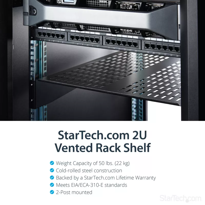 StarTech.com 2U serveririiuli riiul – universaalne ventileeritav 19-tolline seinakinnitusega riiulikonsool – tugevdatud teras – kandevõime 23 kg – 22-tolline sügav riiul, must