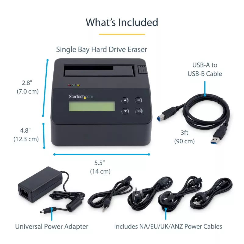 StarTech.com Single Bay Hard Drive Eraser, Standalone HDD/SSD Sanitizer, USB 3.0 to SATA II (3 Gbps), 9 Erase Modes, LCD Display, Secure Erase Hard Disk Sanitizer Dock, DB-9 Printer Port, TAA Compliant
