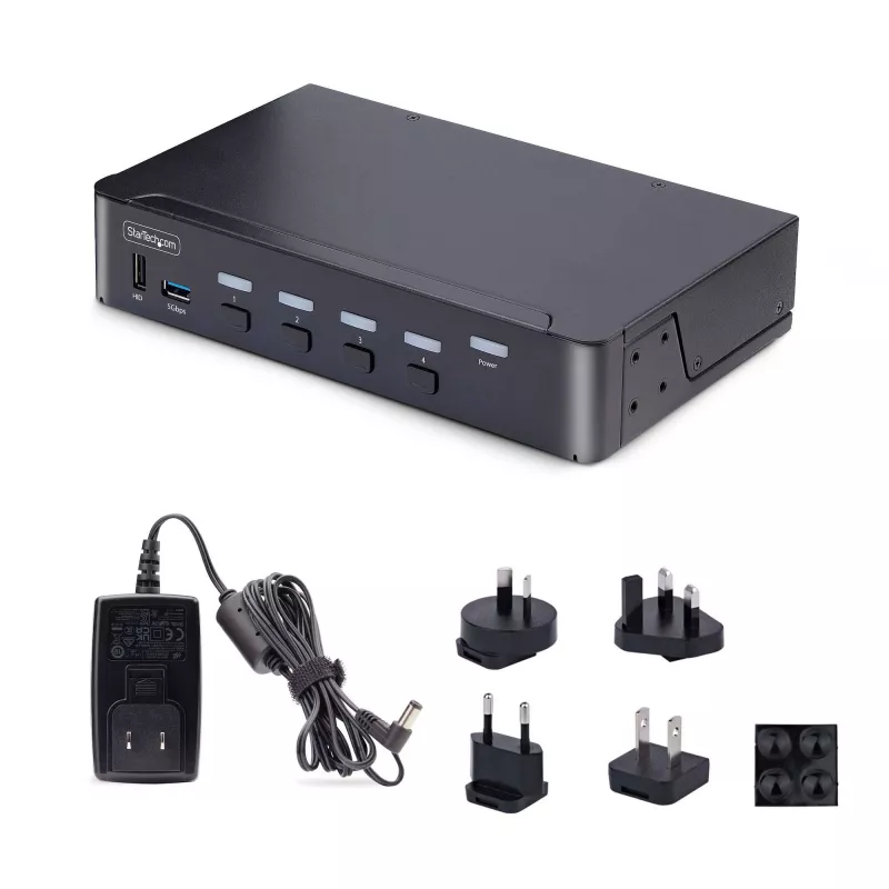 StarTech.com 4-pordiline DisplayPort KVM-lüliti, 8K 60Hz / 4K 144Hz, üks kuvar, DP 1.4, 2x USB 3.0 porti, 4x USB 2.0 HID-porti, nupp- ja kiirklahvivahetus, TAA-vastav – OS-sõltumatu, metallkorpus
