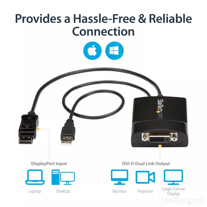 StarTech.com DisplayPort DVI Dual Link aktiivne adapter - DisplayPort DVI-D adapter videomuundur 2560x1600 60 Hz - DP 1.2 DVI monitorile - USB-toide - lukustuv DP-pistik