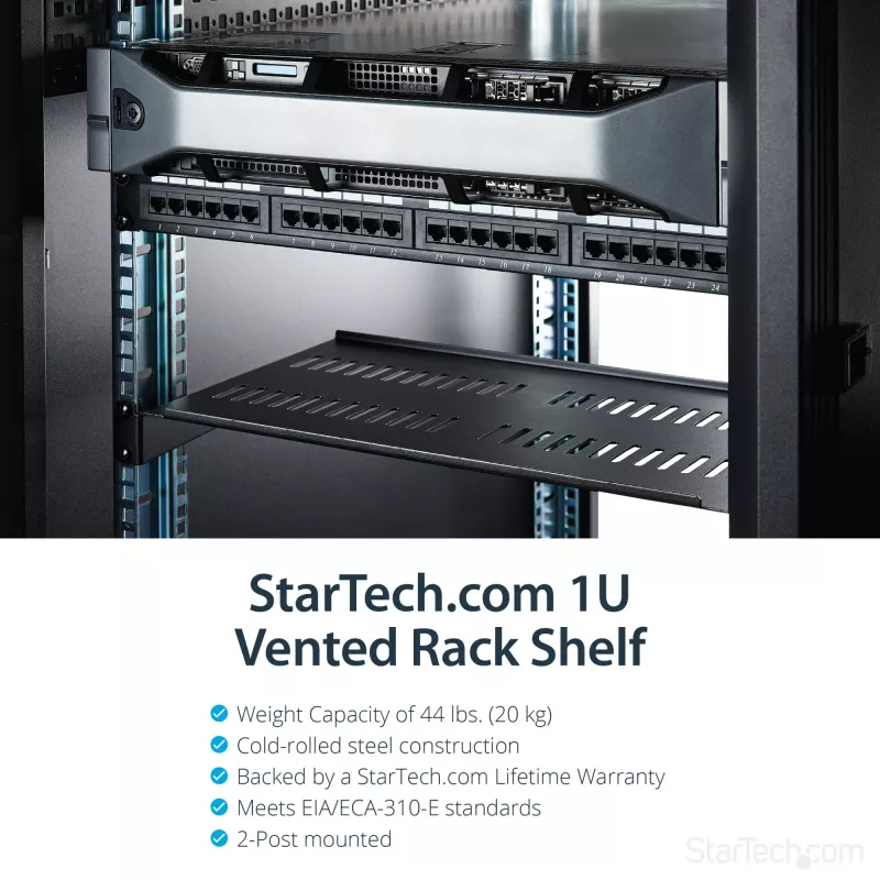 StarTech.com 1U serveririiuli riiul – universaalne ventileeritav riiulikinnituse konsoolalus 19-tollise võrguseadmete riiuli ja kapi jaoks – vastupidav teras – kandevõime 44 naela/20 kg – 10-tolline sügav riiul, must