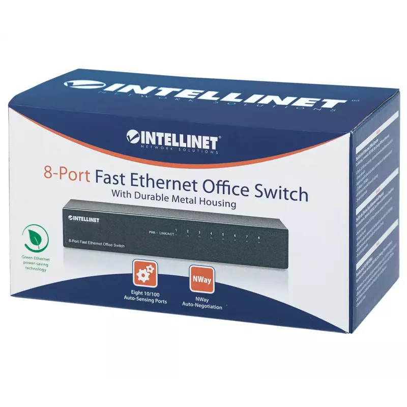 Intellinet 8-pordine kiire Etherneti kontorikommutaator, lauaarvuti suurus, metallist, IEEE 802.3az (energiasäästlik Ethernet), karp