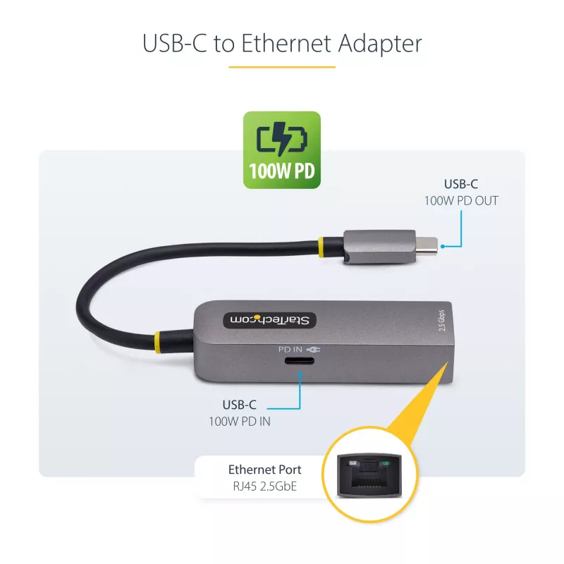 StarTech.com 2,5GbE USB-C Etherneti adapter, 100 W PD läbivool, NBASE-T NIC, USB 3.0 USB-C 2,5/1G mitme kiirusega võrk, Thunderboltiga ühilduv, Windows ja Mac