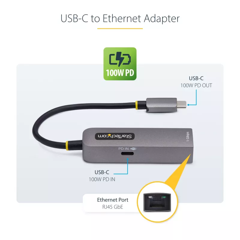 StarTech.com USB-C Etherneti adapter, NIC, 100 W PD läbipääs, USB 3.0 USB-C 1 Gbps mitme kiirusega võrguadapter, Thunderbolti ühilduv, Windows ja Mac