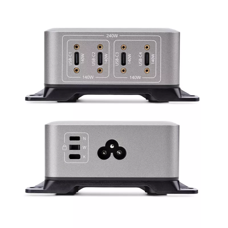 StarTech.com 4-pordiline mitme seadme USB-C laadija, 240 W kokku, üksik port 140 W EPR, PD 3.1, kruvilukustuvad pordid, nõupidamisruumid, kronstein pinnale paigaldamiseks kaasas