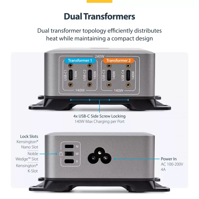 StarTech.com 4-pordiline mitme seadme USB-C laadija, 240 W kokku, üksik port 140 W EPR, PD 3.1, kruvilukustuvad pordid, nõupidamisruumid, kronstein pinnale paigaldamiseks kaasas