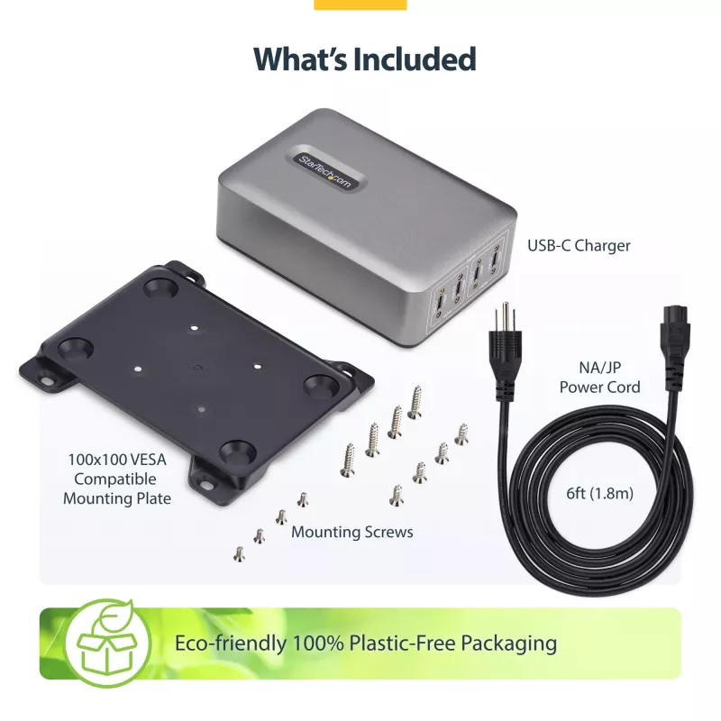 StarTech.com 4-pordiline mitme seadme USB-C laadija, 240 W kokku, üksik port 140 W EPR, PD 3.1, kruvilukustuvad pordid, nõupidamisruumid, kronstein pinnale paigaldamiseks kaasas