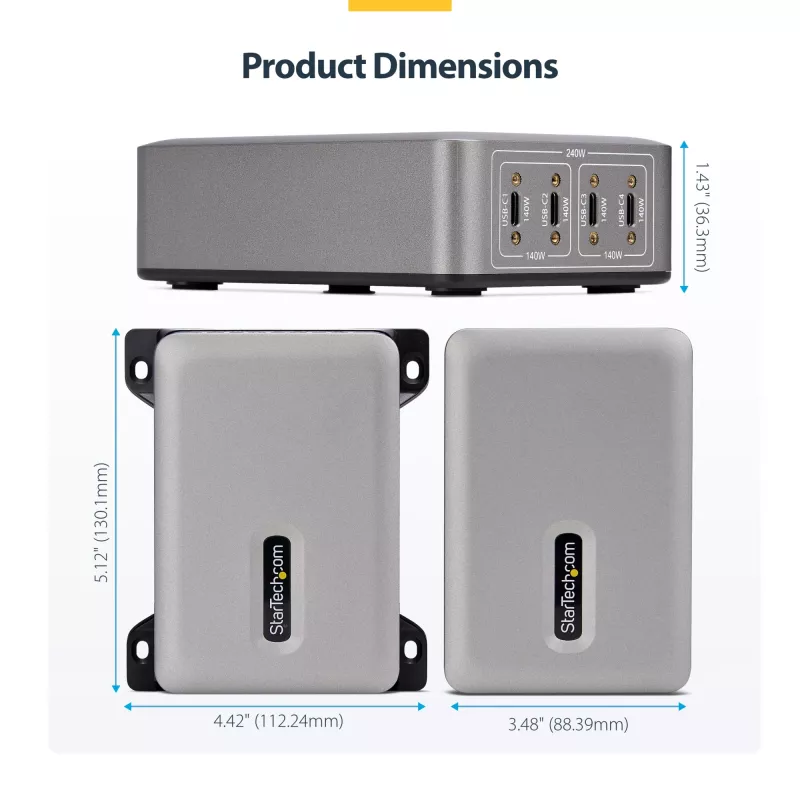 StarTech.com 4-pordiline mitme seadme USB-C laadija, 240 W kokku, üksik port 140 W EPR, PD 3.1, kruvilukustuvad pordid, nõupidamisruumid, kronstein pinnale paigaldamiseks kaasas