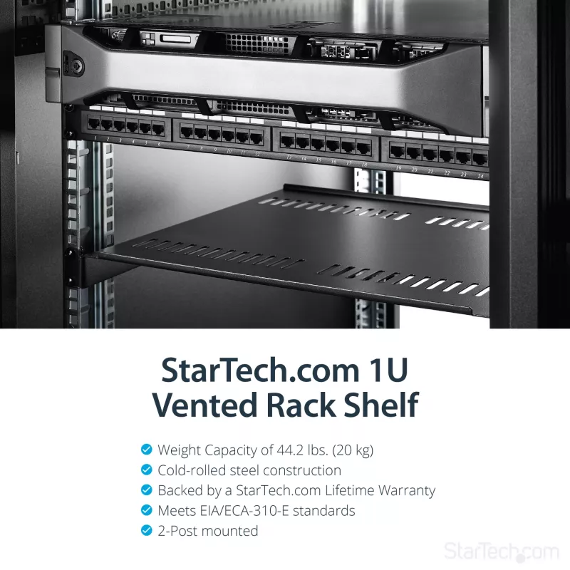 StarTech.com 1U serveririiuli riiul - universaalne ventileeritav riiulile paigaldatav konsoolsalv 19-tollise võrguseadmete riiuli ja kapi jaoks - töökindlast terasest – kandevõime 44 naela / 20 kg - 16 tolli sügav riiul, must