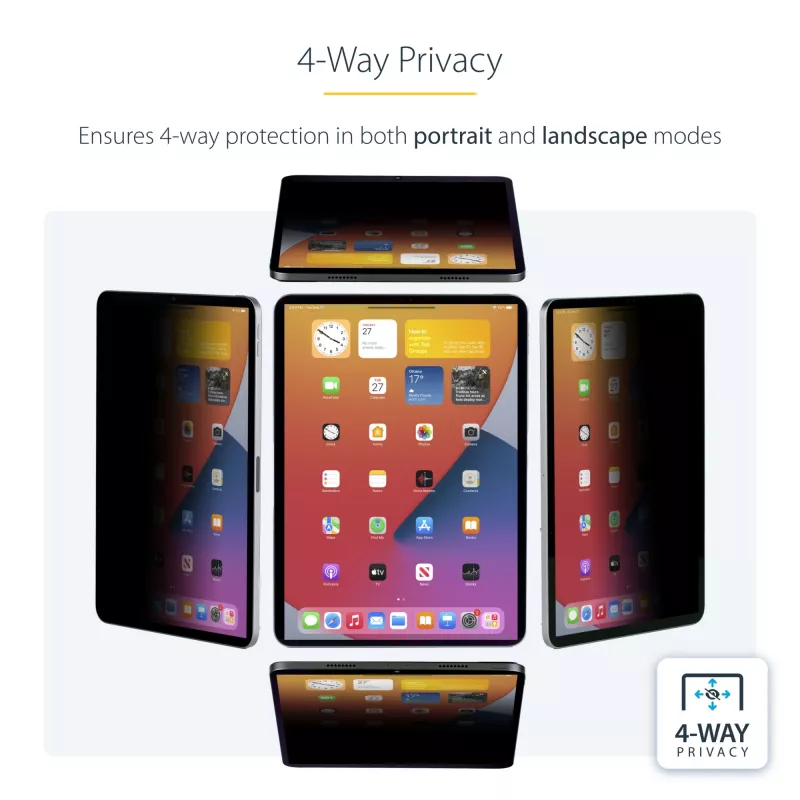 StarTech.com 4-suunaline privaatsuskile 12,9-tollisele iPad Pro-le, 3. põlvkond ja uuemad, portree-/maastikuvaateks, puutetundlik, +/- 30° vaatenurk, blokeerib kuni 51% sinist valgust, matt
