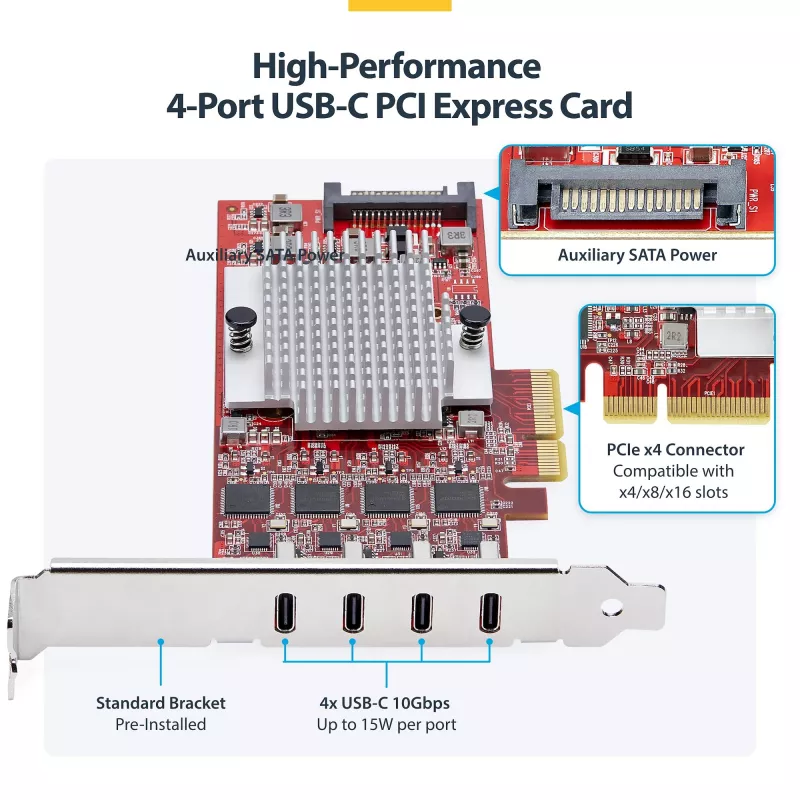 StarTech.com 4-pordiline USB USB-C PCIe-kaart, USB 3.2 10 Gbps, USB-C PCI Express-laienduskaart, 4 sõltumatut USB-kontrollerit, Windows/Linux/macOS, TAA-ühilduv