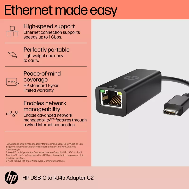 HP USB-C to RJ45 adapter G2, juhtmega, USB USB-C, must, Hiina, Kodu, Windows 10, Windows 11