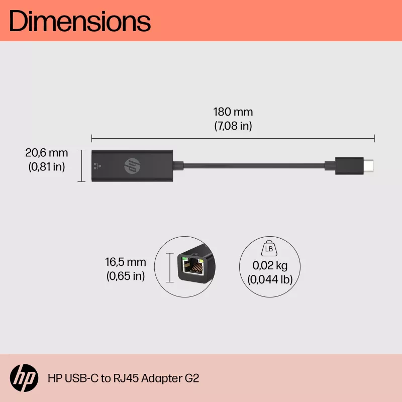 HP USB-C to RJ45 adapter G2, juhtmega, USB USB-C, must, Hiina, Kodu, Windows 10, Windows 11