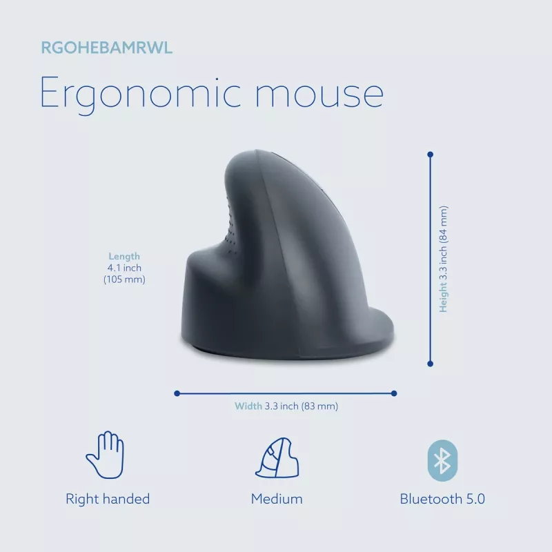 R-Go Tools vertikaalne hiir R-Go HE Basic, ergonoomiline hiir, keskmine (käesuurus ≥ 185 mm), paremakäeline, Bluetooth, hall