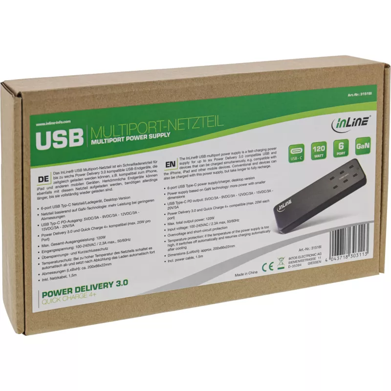 InLine mitme pordiga toiteplokk, laadija, 6x USB-C, PD 3.0, GaN, must