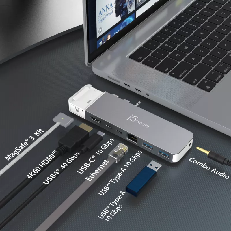 USB-jaotur j5create JCD395 4K60 Elite Pro juhtmega USB4 MagSafe-komplektiga