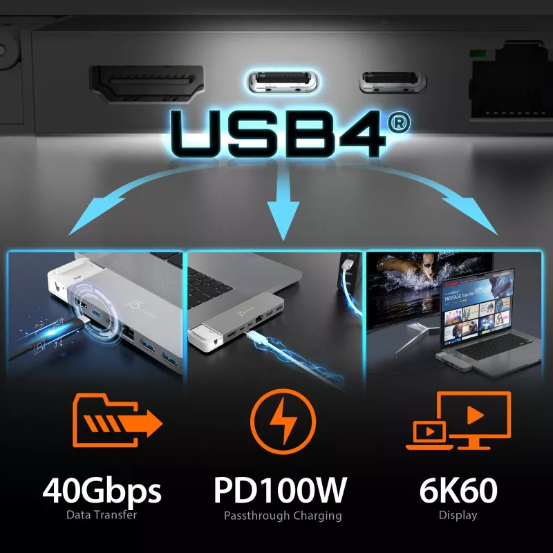 USB-jaotur j5create JCD395 4K60 Elite Pro juhtmega USB4 MagSafe-komplektiga