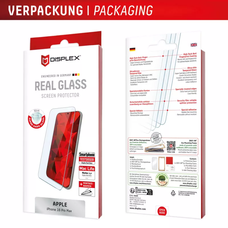 Displex ekraanikaitse (10H) Apple iPhone 16 Pro Maxile, Eco paigaldusraam, kriimustuskindel