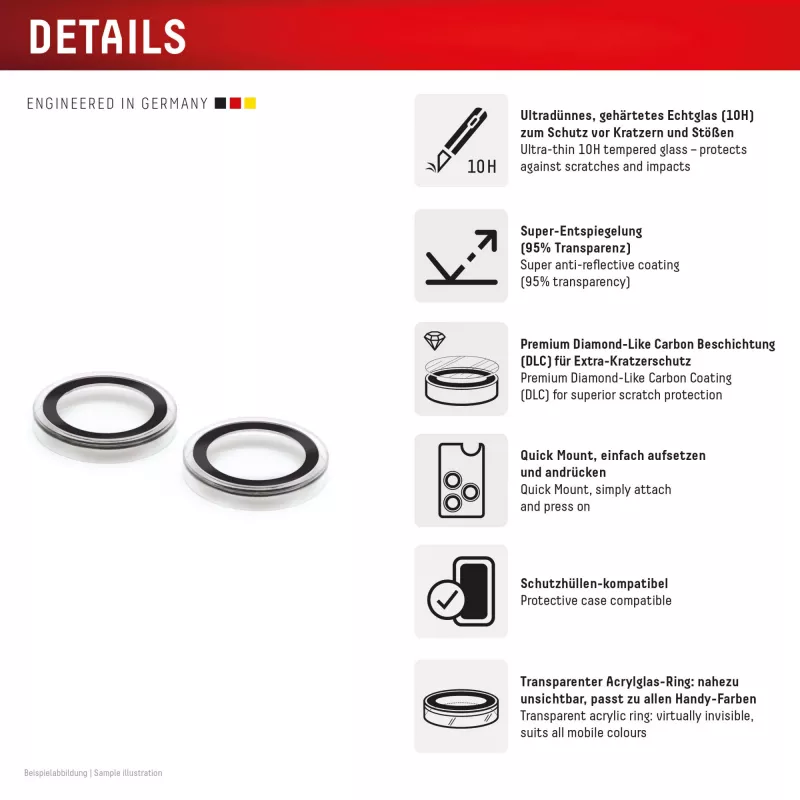 Displex Premium Camera Lens Glass, iPhone 16/16 Plus/17 Glas, 10H, Single Rings, DLC, transparent, Quick Mount