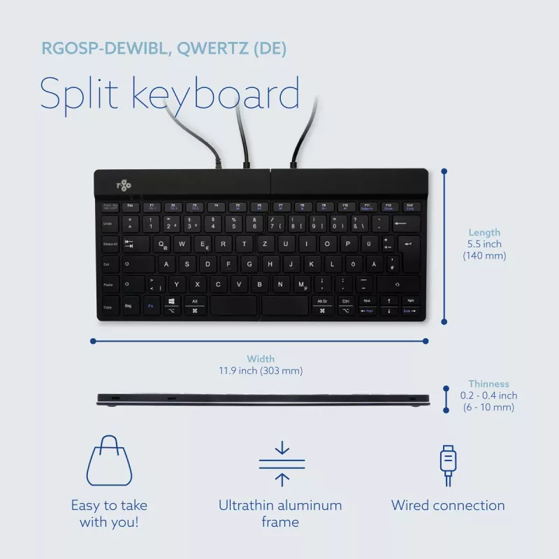 R-Go Tools Ergonoomiline klaviatuur R-Go Split Break v2 pausitarkvaraga, ergonoomiline poolitatud klaviatuur, QWERTZ (DE), juhtmega, must