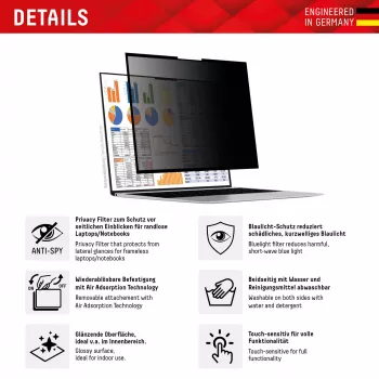 Displex PRIVACY SAFE eemaldatav kahesuunaline privaatsusfilter sülearvutile (raamita) 15,6'' (16:9)