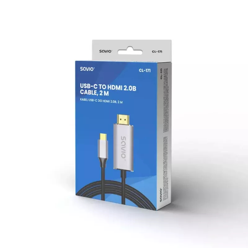 USB-C–HDMI 2.0b kaabel SAVIO CL-171 — 2 m, USB-C isane–HDMI tüüp A-pistik, 4K 4096×2160, hõbedane kaabel mustade ja kuldsete otstega