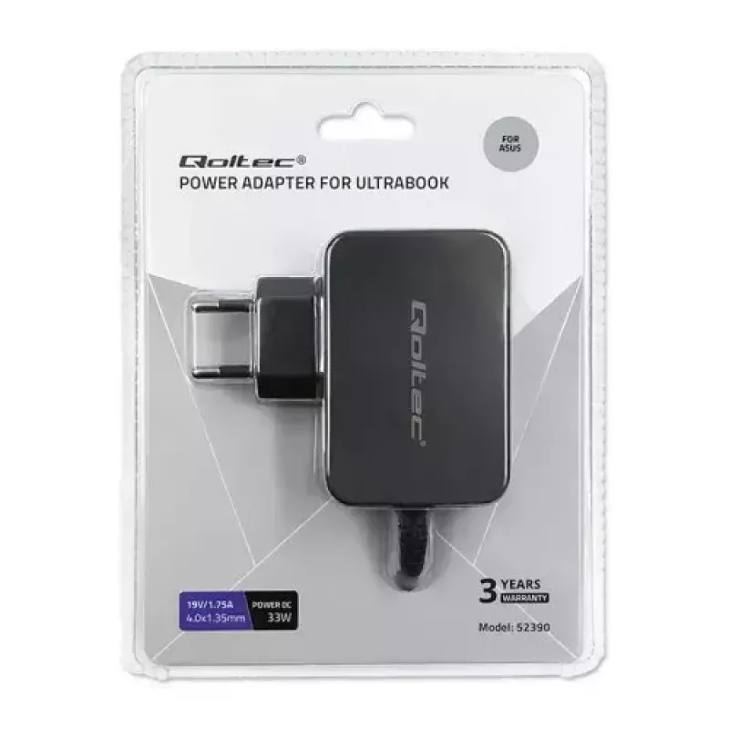Laadija Qoltec 52408 sisetingimustes vahelduvvoolu sülearvuti 19V 2.1A must