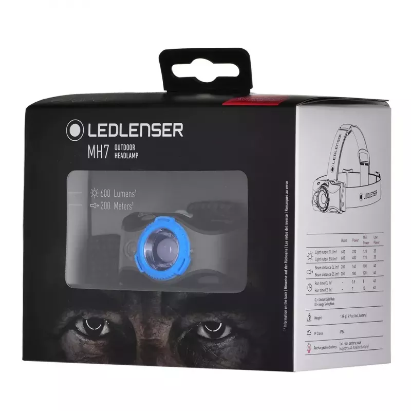 Pealamp Ledlenser MH7 Must Blue — laetav LED-pealamp, 400 luumenit, sisseehitatud aku