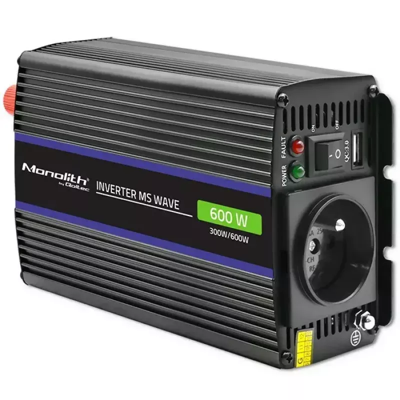 Pingemuundur QOLTEC Monolith 600 MS Wave 12V kuni 230V 600W, puhas/modifitseeritud siinuslaine vastavalt spetsifikatsioonile