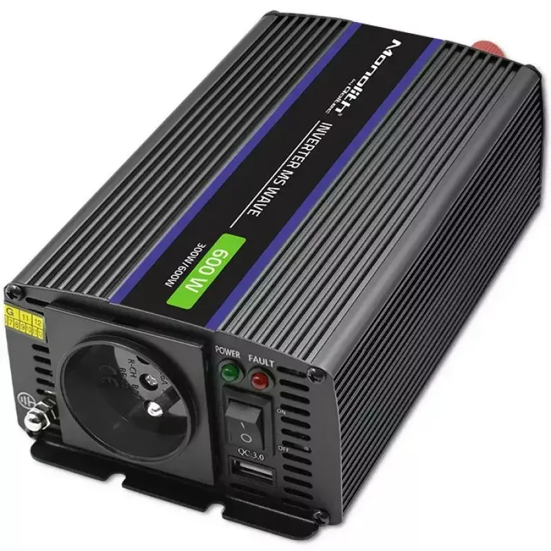 Pingemuundur QOLTEC Monolith 600 MS Wave 12V kuni 230V 600W, puhas/modifitseeritud siinuslaine vastavalt spetsifikatsioonile