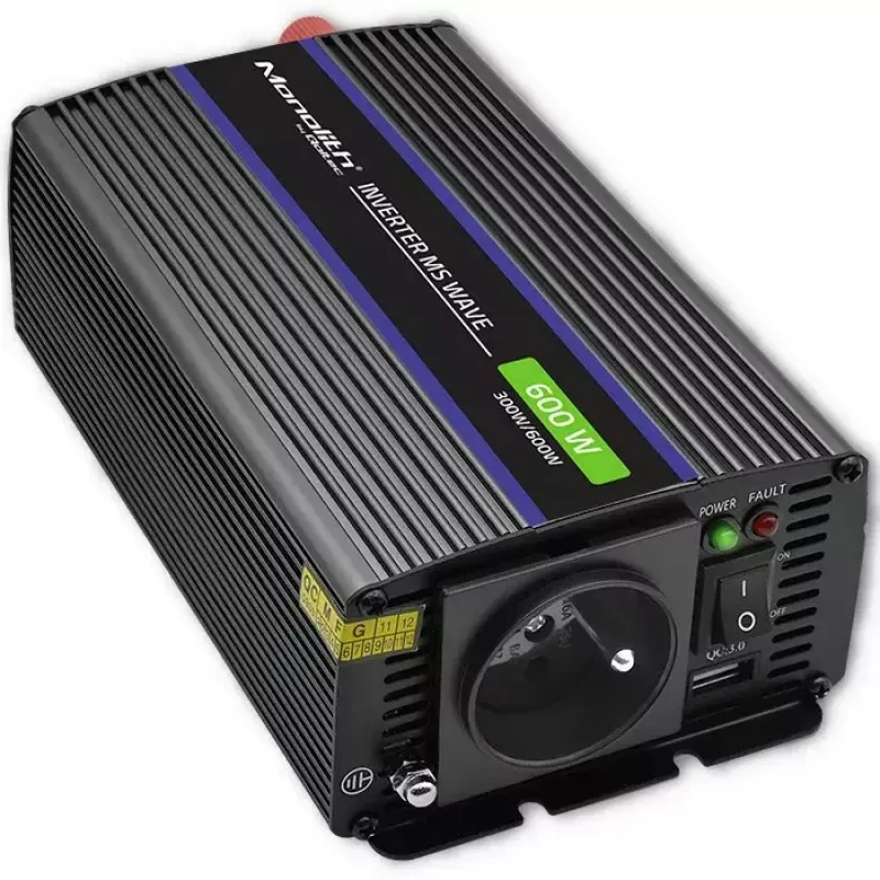 Pingemuundur QOLTEC Monolith 600 MS Wave 12V kuni 230V 600W, puhas/modifitseeritud siinuslaine vastavalt spetsifikatsioonile