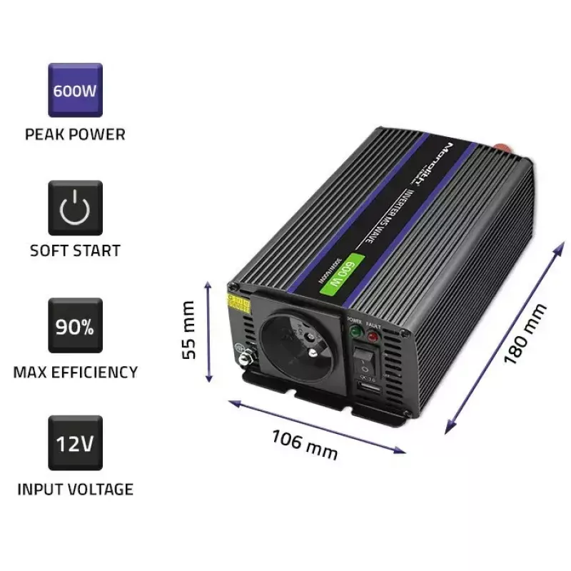 Pingemuundur QOLTEC Monolith 600 MS Wave 12V kuni 230V 600W, puhas/modifitseeritud siinuslaine vastavalt spetsifikatsioonile