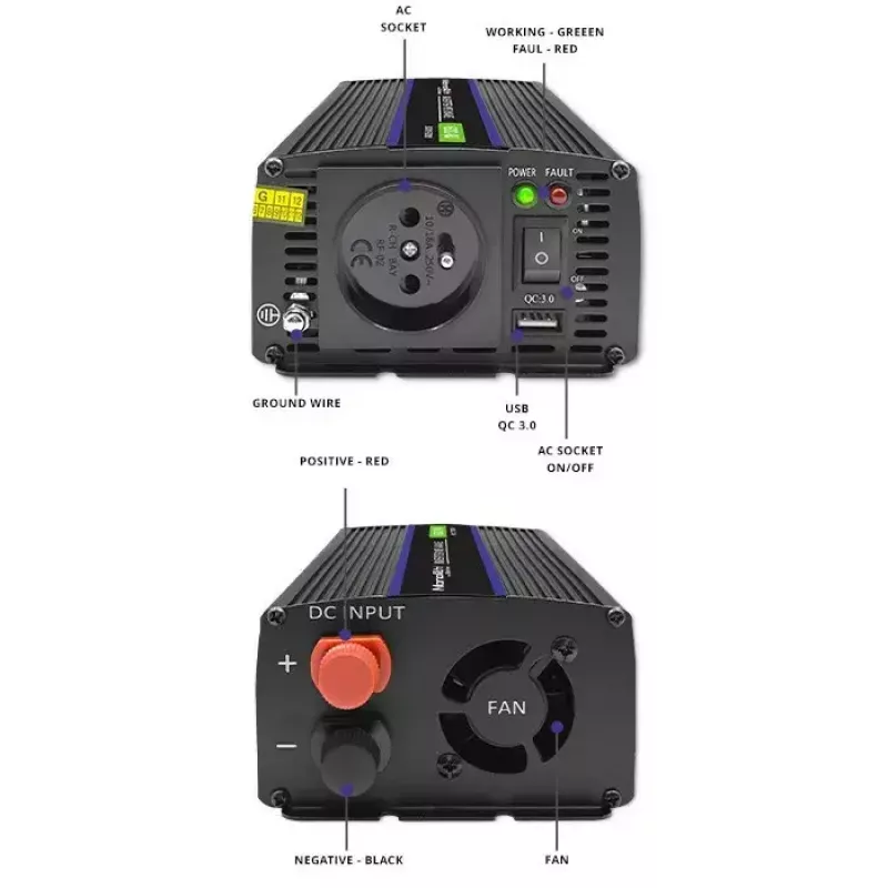 Pingemuundur QOLTEC Monolith 600 MS Wave 12V kuni 230V 600W, puhas/modifitseeritud siinuslaine vastavalt spetsifikatsioonile