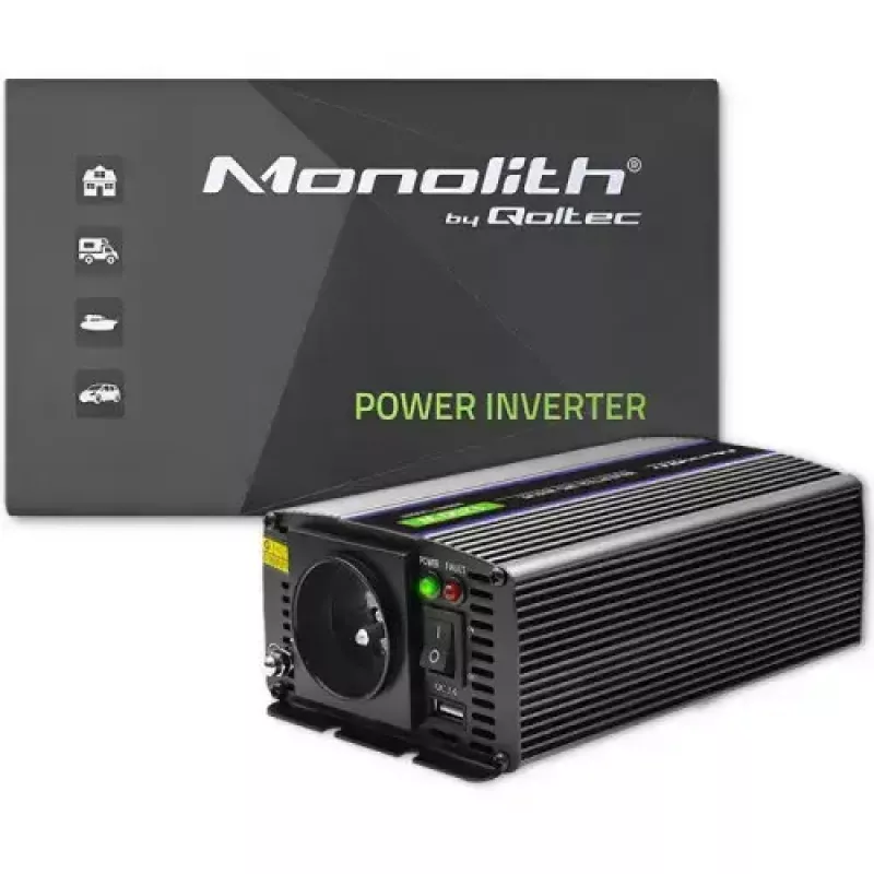 Pingemuundur QOLTEC Monolith 600 W — 12 V kuni 230 V, USB PD 18 W, auto/siseruumidesse, must