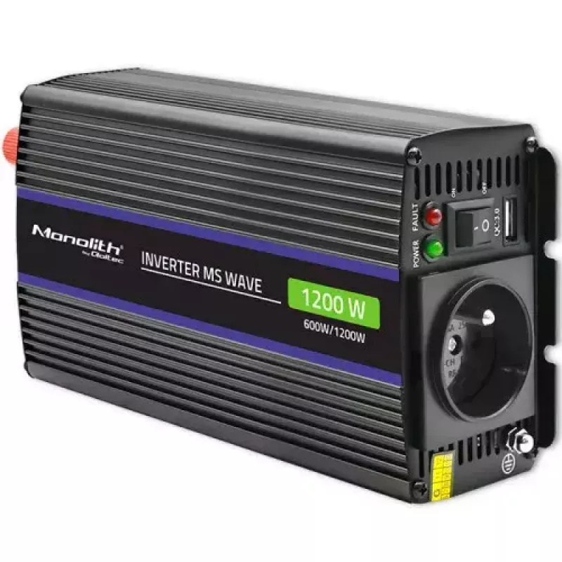 Pingemuundur QOLTEC Monolith 600 W — 12 V kuni 230 V, USB PD 18 W, auto/siseruumidesse, must