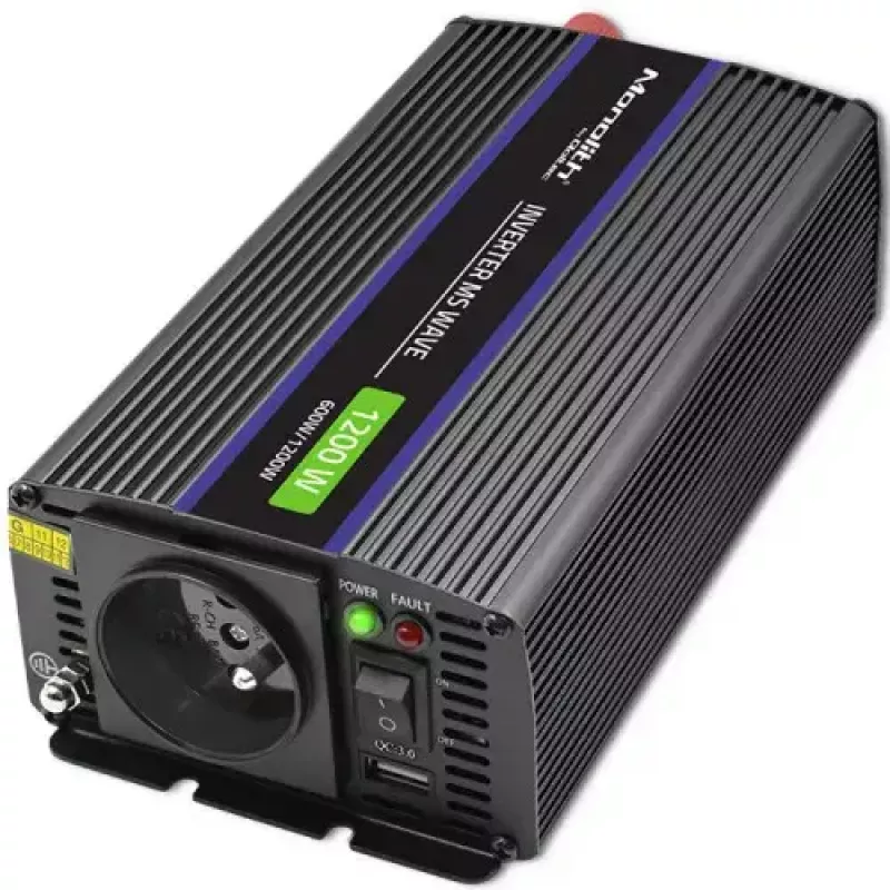 Pingemuundur QOLTEC Monolith 600 W — 12 V kuni 230 V, USB PD 18 W, auto/siseruumidesse, must