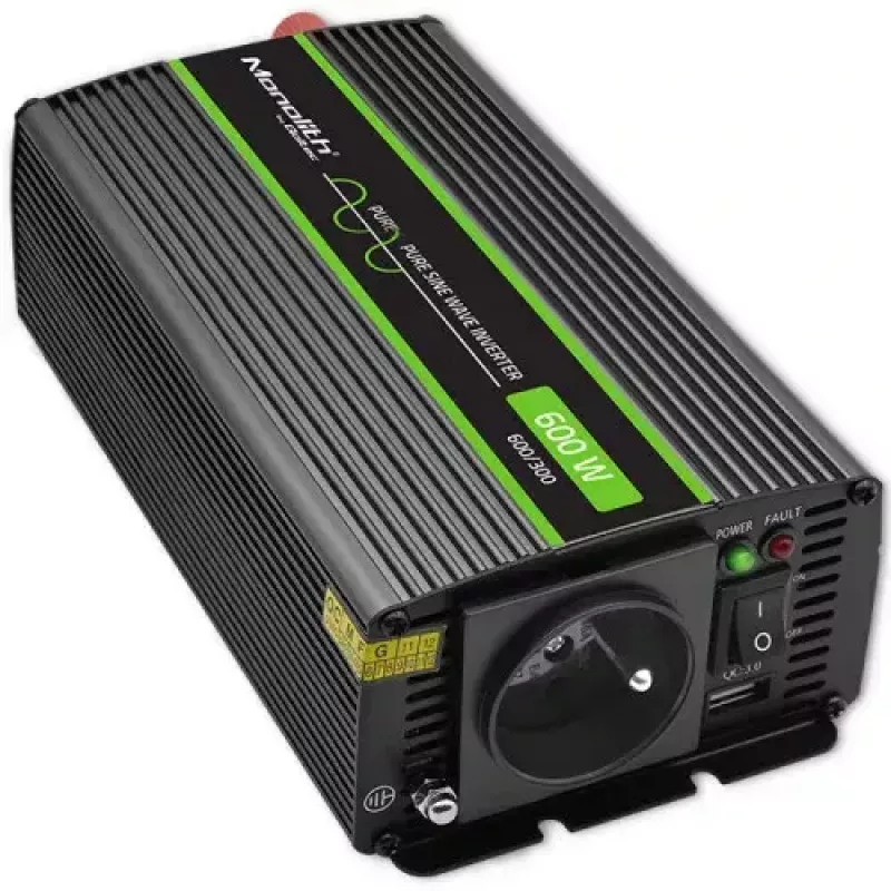 Pingemuundur QOLTEC Monolith 600 W — 12 V kuni 230 V, USB PD 18 W, auto/siseruumidesse, must