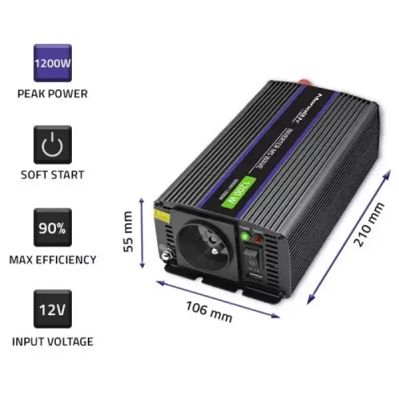 Pingemuundur QOLTEC Monolith 600 W — 12 V kuni 230 V, USB PD 18 W, auto/siseruumidesse, must