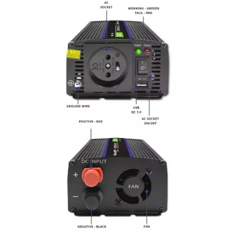 Pingemuundur QOLTEC Monolith 600 W — 12 V kuni 230 V, USB PD 18 W, auto/siseruumidesse, must