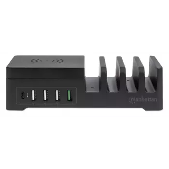 Manhattan laadimisjaam juhtmevaba laadimisalusega (eemaldatav), 1x juhtmevaba, 1x USB-C ja 4x USB-A porti, juhtmevaba väljund: 2A, USB-C väljund: 3A, USB-A väljundid: 1x 3A ja 3x 2.4A max, kaabel 1m, must (toitekaabel: Euro 2-kontaktiline pistik C7 kaheksakujulisse pistikusse)