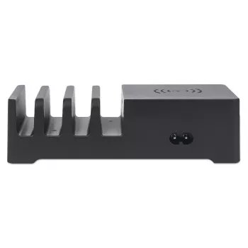 Manhattan laadimisjaam juhtmevaba laadimisalusega (eemaldatav), 1x juhtmevaba, 1x USB-C ja 4x USB-A porti, juhtmevaba väljund: 2A, USB-C väljund: 3A, USB-A väljundid: 1x 3A ja 3x 2.4A max, kaabel 1m, must (toitekaabel: Euro 2-kontaktiline pistik C7 kaheksakujulisse pistikusse)
