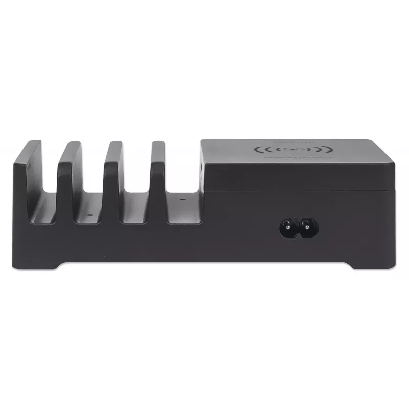 Manhattan laadimisjaam juhtmevaba laadimisalusega (eemaldatav), 1x juhtmevaba, 1x USB-C ja 4x USB-A porti, juhtmevaba väljund: 2A, USB-C väljund: 3A, USB-A väljundid: 1x 3A ja 3x 2.4A max, kaabel 1m, must (toitekaabel: Euro 2-kontaktiline pistik C7 kaheksakujulisse pistikusse)
