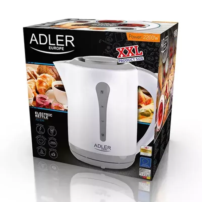 Elektriline veekeetja Adler AD 1244 — 2,5 L, 2200 W, valge, peidetud küttekehaga